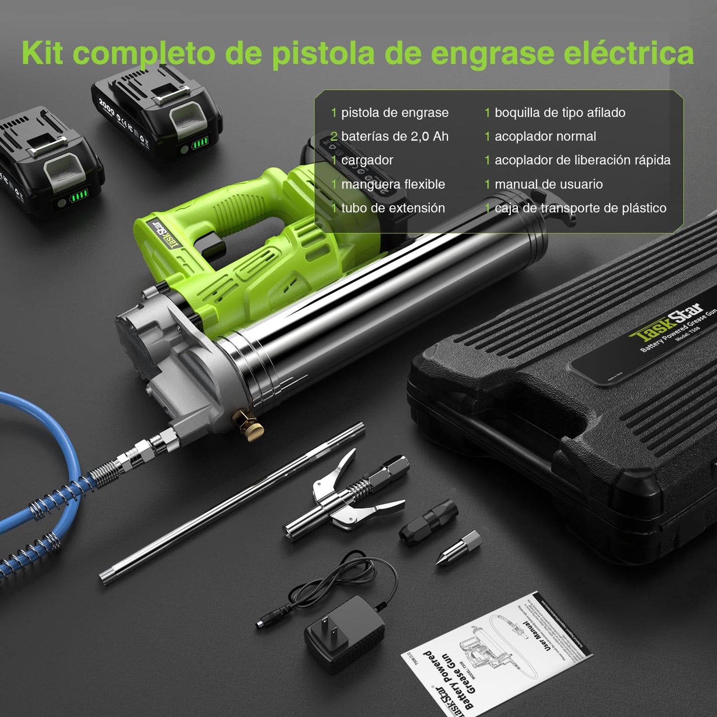 TaskStar Pistola Engrasadora a Batería 10000 PSI con 2 Baterías, Boquilla Rápida y Kit Completo