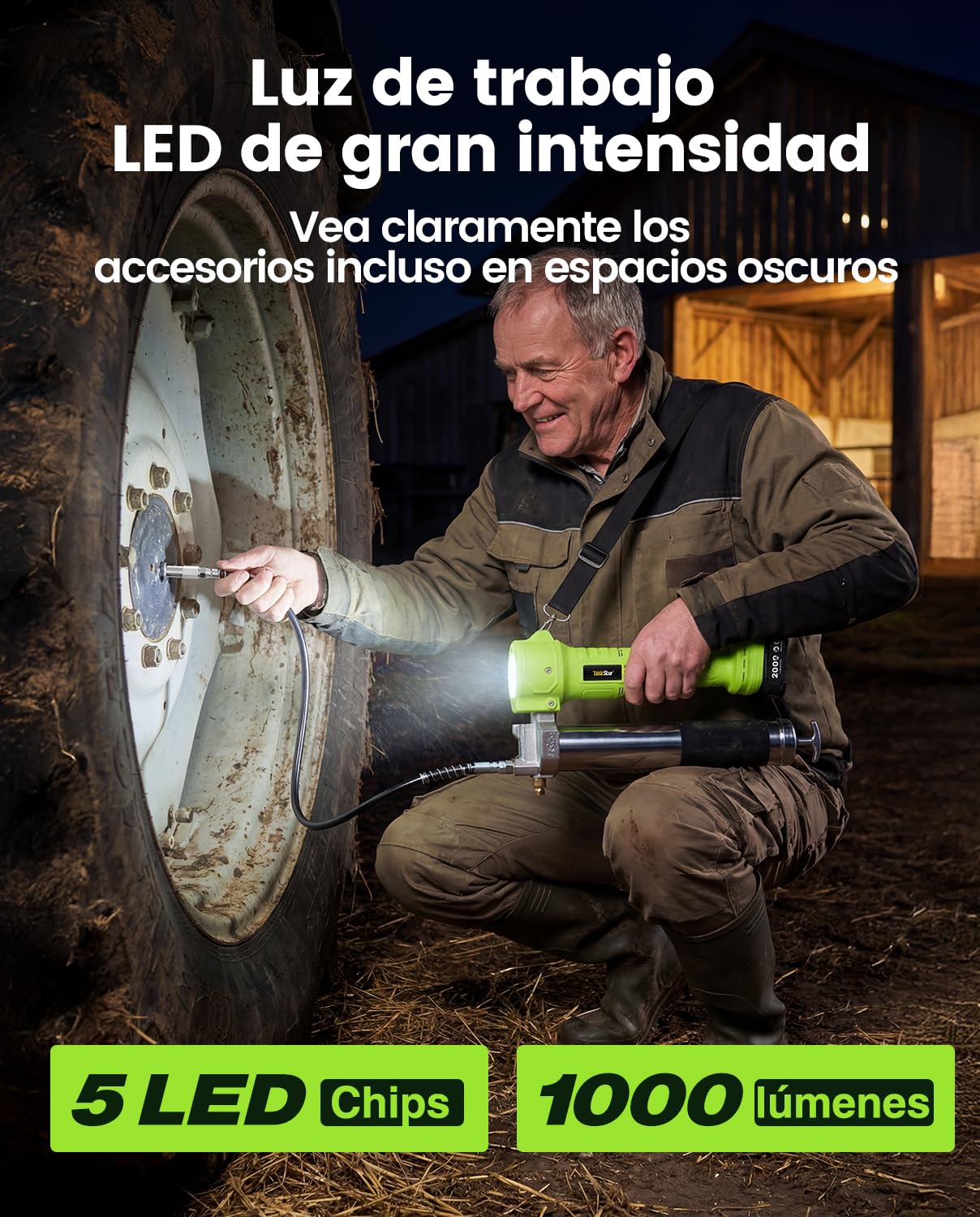 TaskStar Engrasadora Eléctrica 10000 PSI con 2 Baterías, Cargador, Manguera Flexible y Luz LED