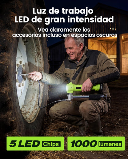 TaskStar Engrasadora Eléctrica 10000 PSI con 2 Baterías, Cargador, Manguera Flexible y Luz LED