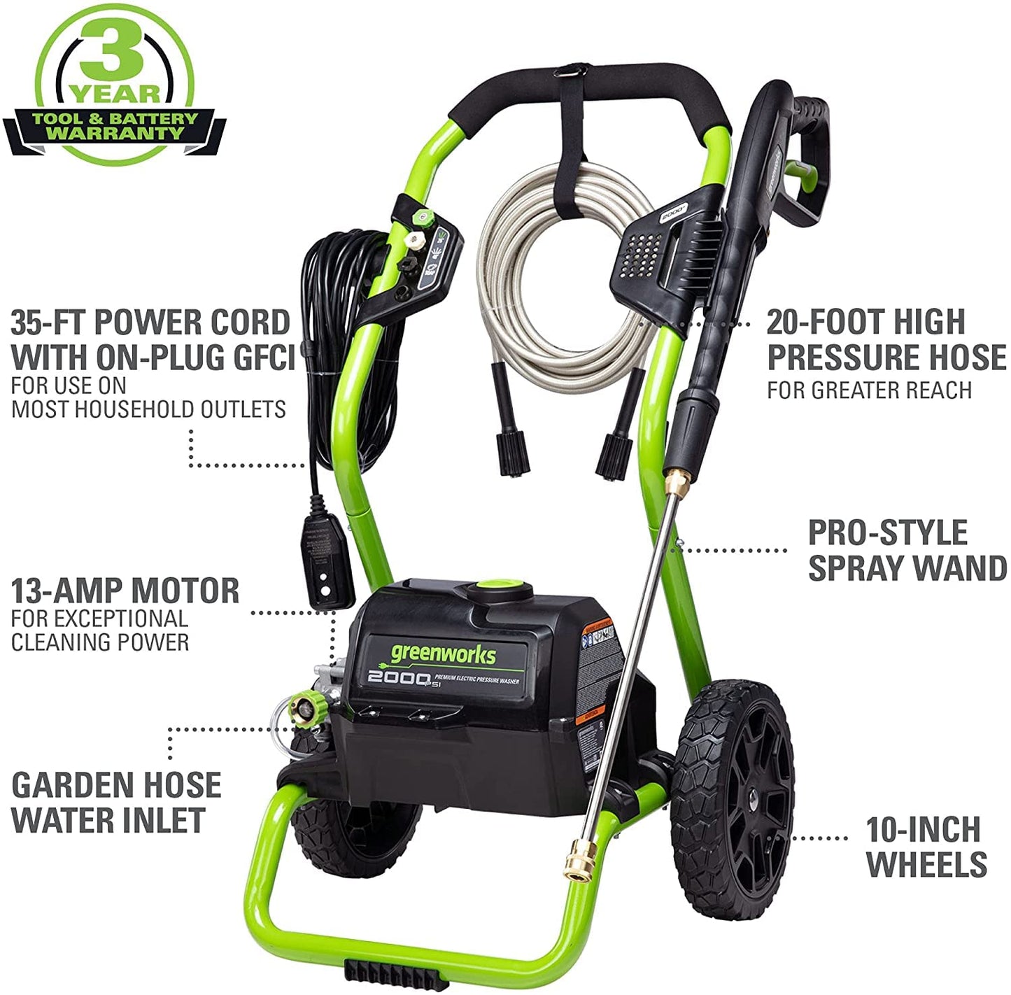 Greenworks Lavadora a Presión Eléctrica 2000 PSI, 13 A, con Ruedas, Manguera y Cable