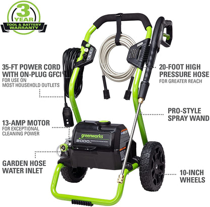 Greenworks Lavadora a Presión Eléctrica 2000 PSI, 13 A, con Ruedas, Manguera y Cable