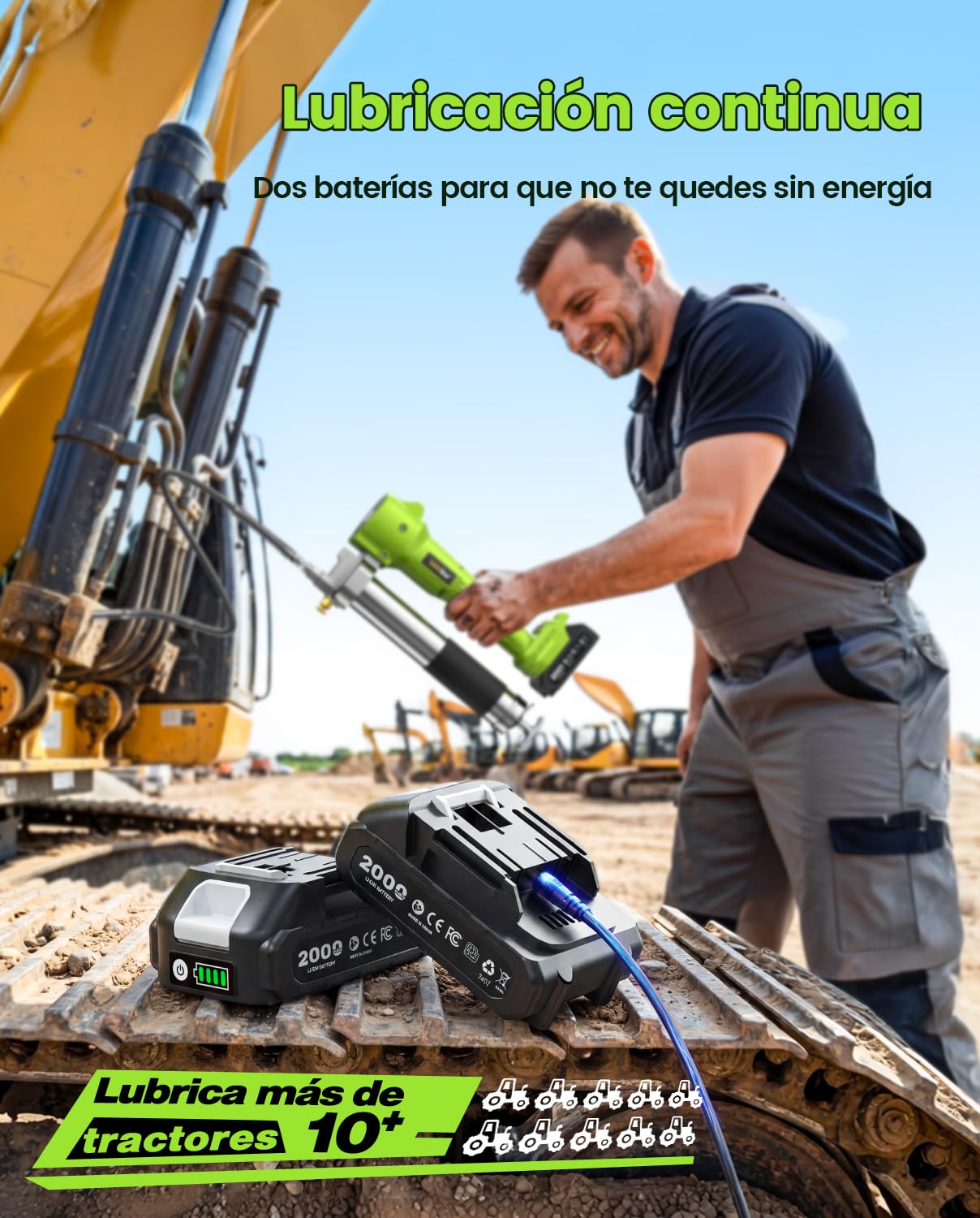 TaskStar Engrasadora Eléctrica 10000 PSI con 2 Baterías, Cargador, Manguera Flexible y Luz LED