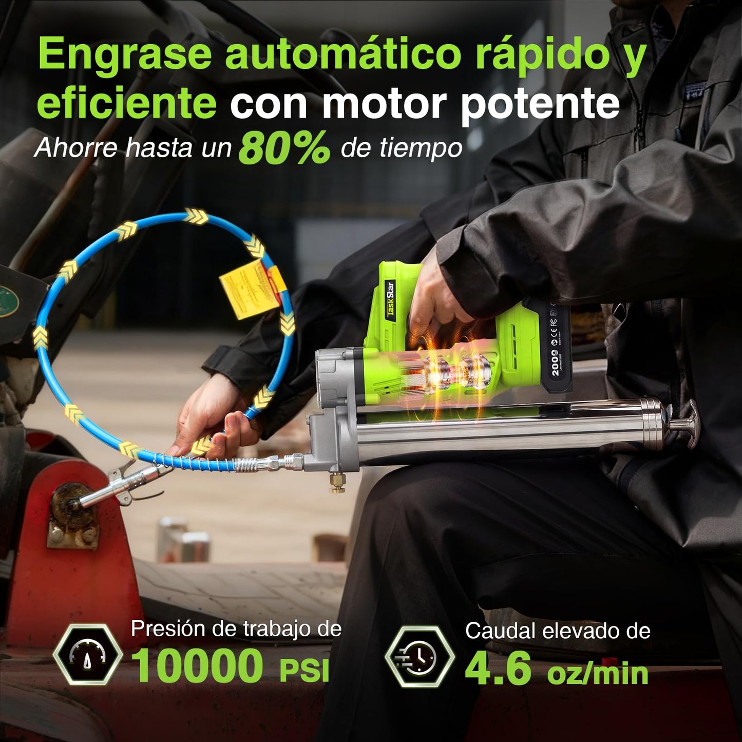 TaskStar Pistola Engrasadora a Batería 10000 PSI con 2 Baterías, Boquilla Rápida y Kit Completo