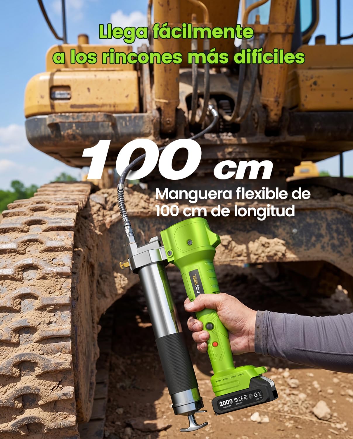 TaskStar Engrasadora Eléctrica 10000 PSI con 2 Baterías, Cargador, Manguera Flexible y Luz LED