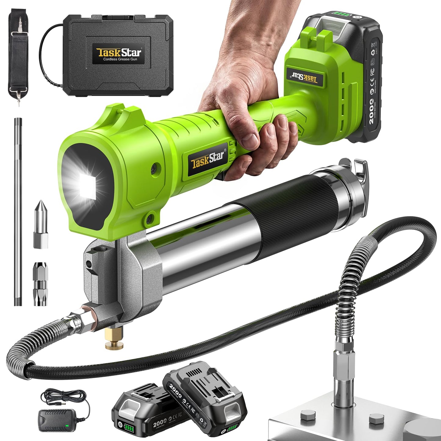 TaskStar Engrasadora Eléctrica 10000 PSI con 2 Baterías, Cargador, Manguera Flexible y Luz LED