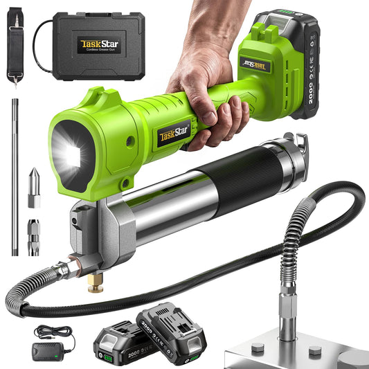 TaskStar Engrasadora Eléctrica 10000 PSI con 2 Baterías, Cargador, Manguera Flexible y Luz LED